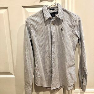 Like New Ralph Lauren Collared Polo Blue/White Stripe lButton Up (Slim Fit 2)